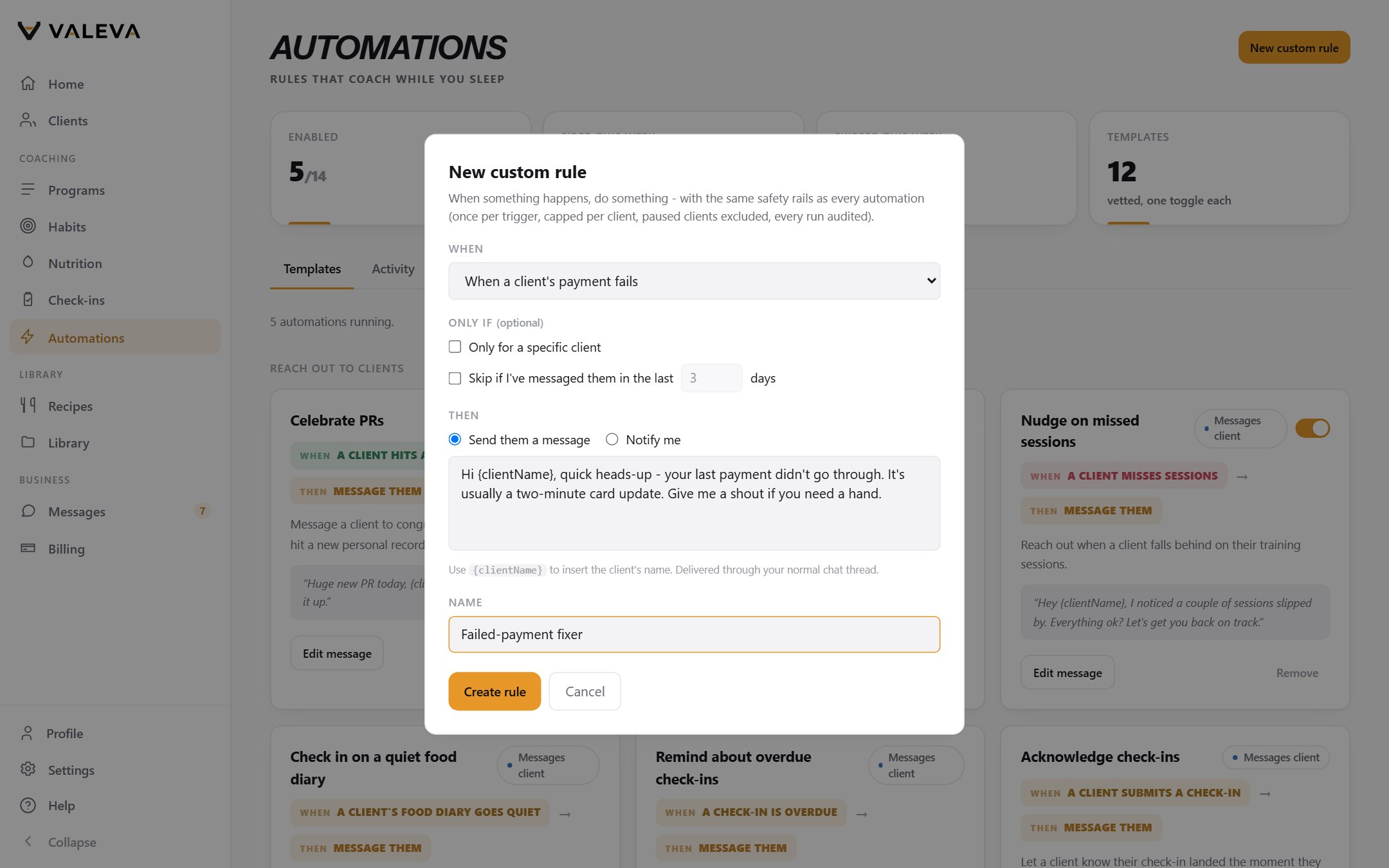 The Valeva automation rule builder