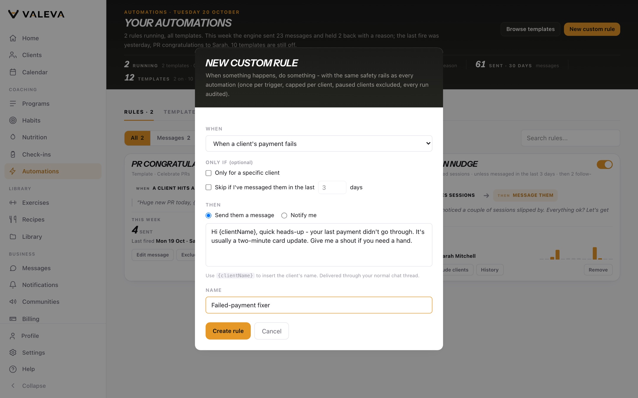 The Valeva automation rule builder