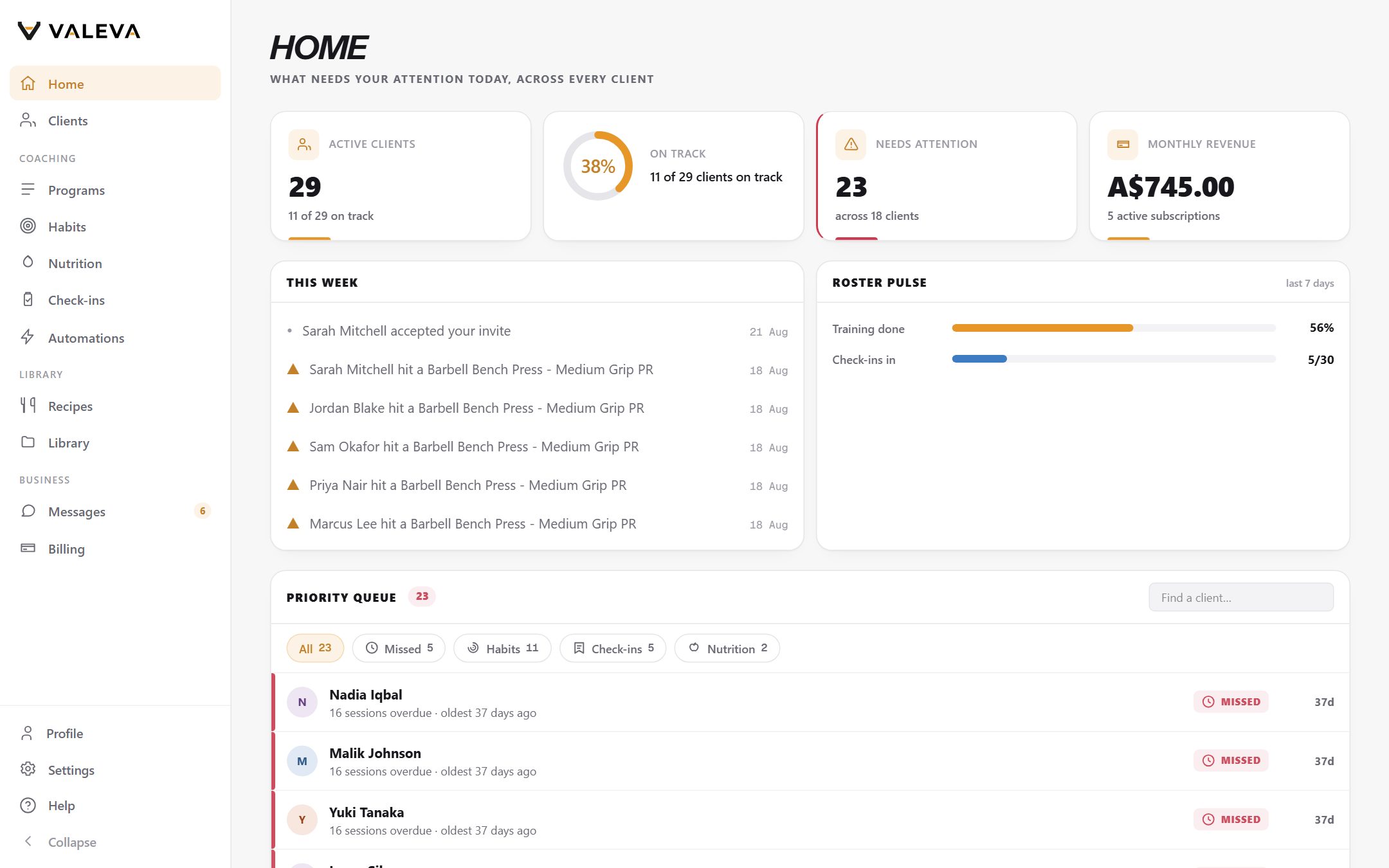 The Valeva coach dashboard