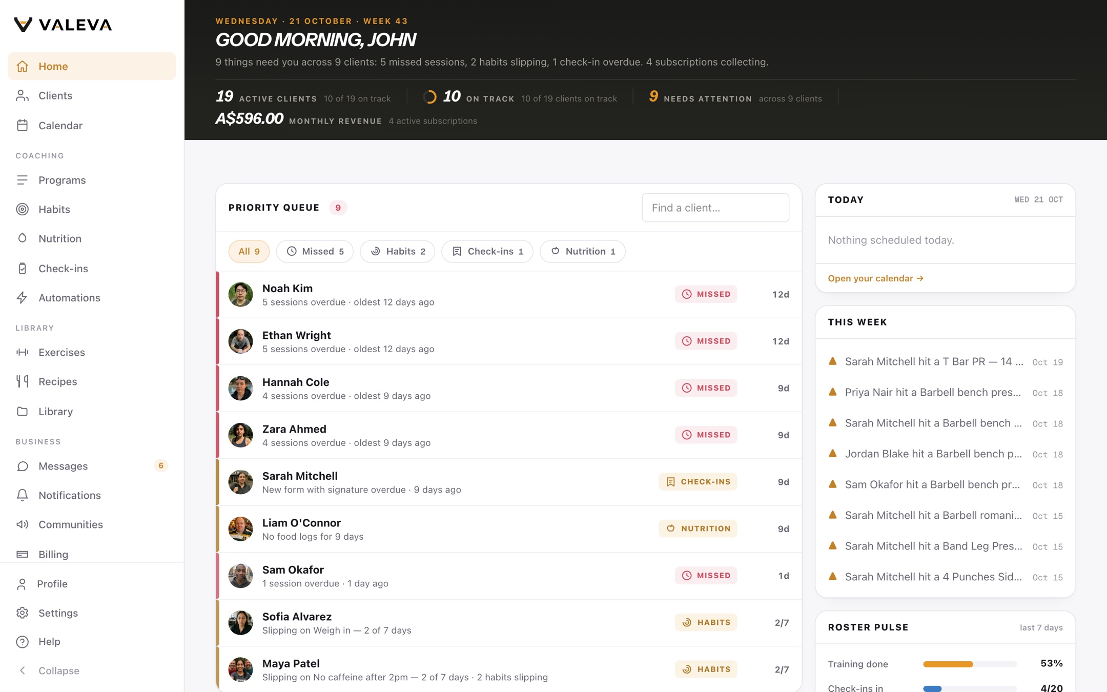 The Valeva coach dashboard