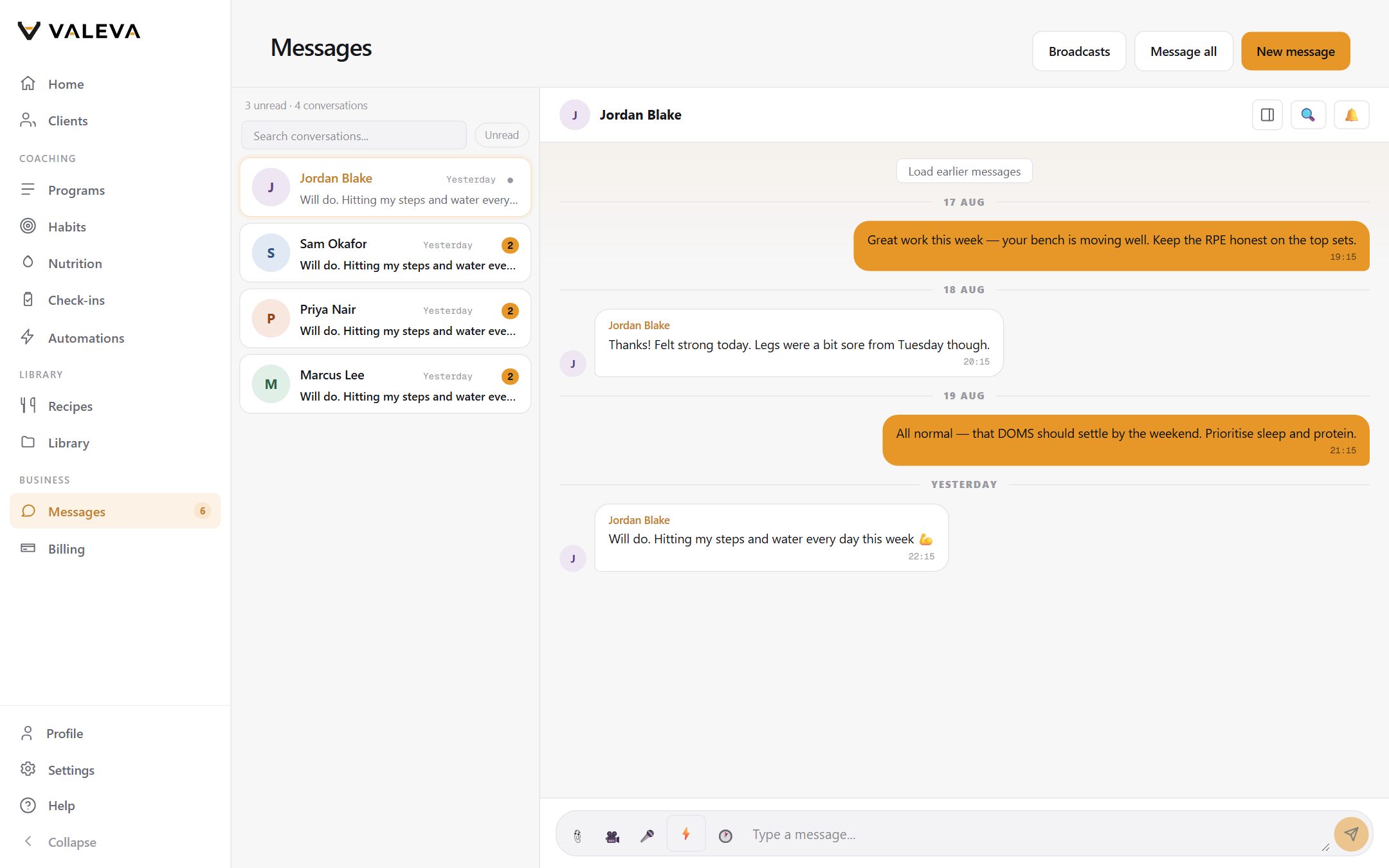 A coach-client conversation in Valeva messages