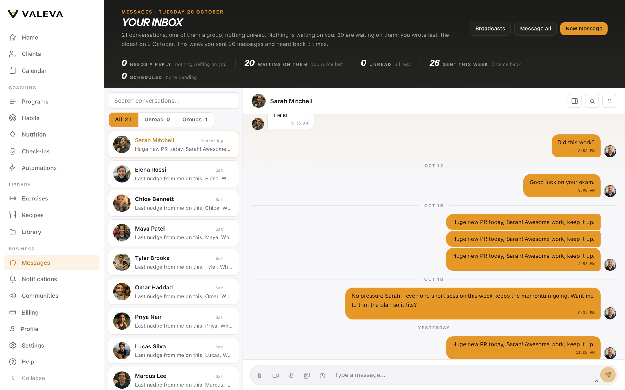 A coach-client conversation in Valeva messages